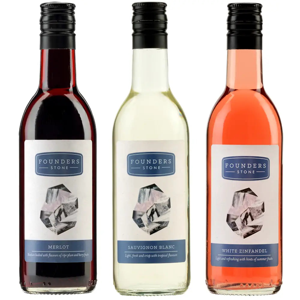 Three bottles of Founders Stone wine, including Merlot, Sauvignon Blanc, and White Zinfandel, on a white background.
