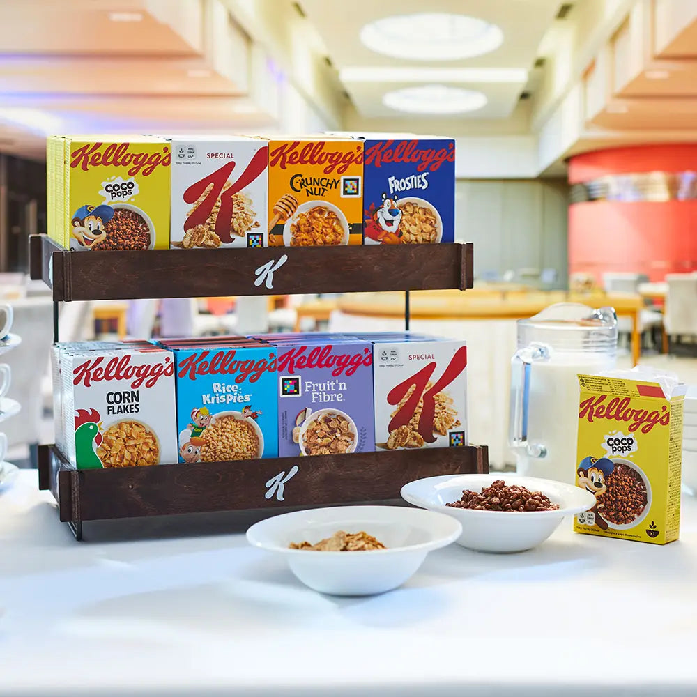 Hotel Breakfast Buffet Stand filled with Kelloggs Breakfast Cereals available from Out of Eden Hotel Supplies