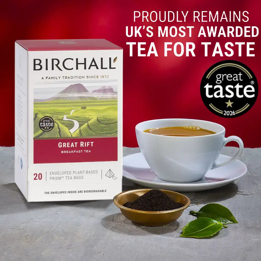 Birchall Great Rift Breakfast Tea, pack of 20 plant-based prism tea bags, with brewed cup and loose leaves
