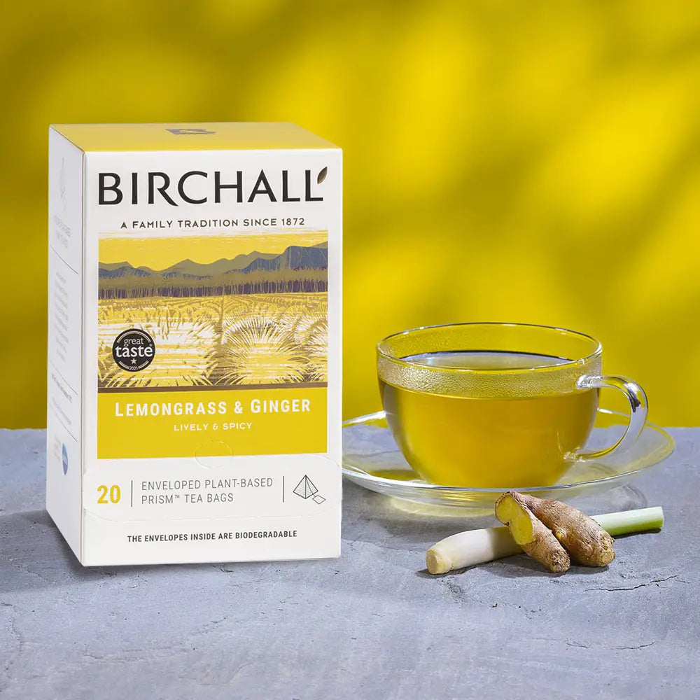 A box of Birchall Lemongrass & Ginger Prism Tea Bags - Pack of 20