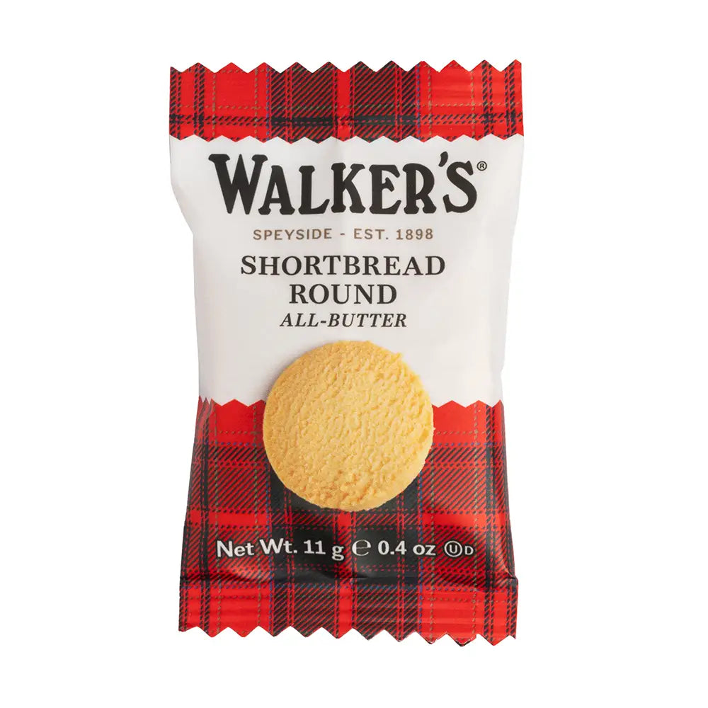 Walker's traditional Scottish Shortbread Round wrapped in a red tartan package. Net weight 11g.