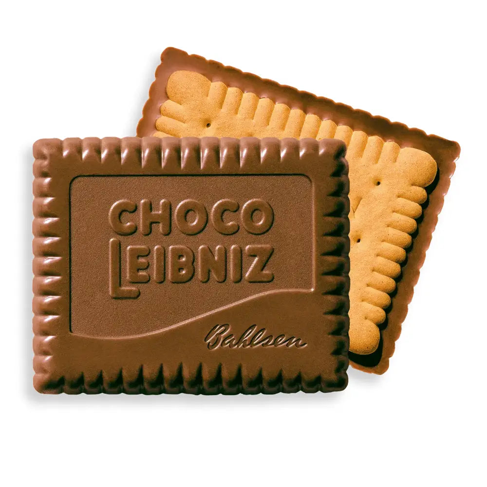 Two unwrapped Choco Leibniz milk chocolate coated butter biscuits.