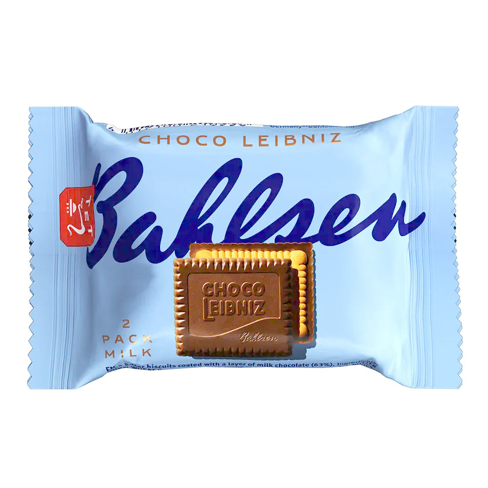 Choco Leibniz milk chocolate coated butter biscuits in 2 packs wrapped with a light blue wrapper.