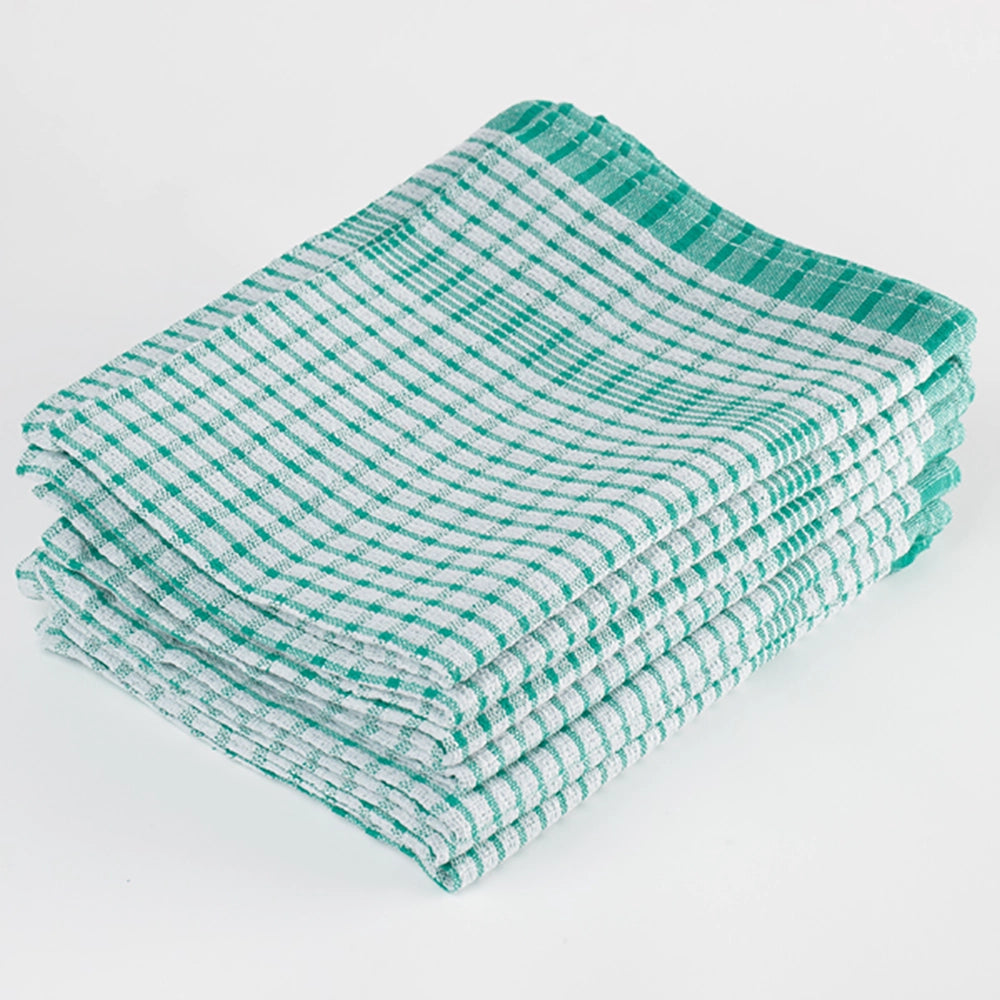 Wonderdry tea towels are absorbent, thick and hardwearing due a combination of 70% cotton and 30% synthetic fibres.
A stack of green and white wonder dry tea towels checkered tea towels.