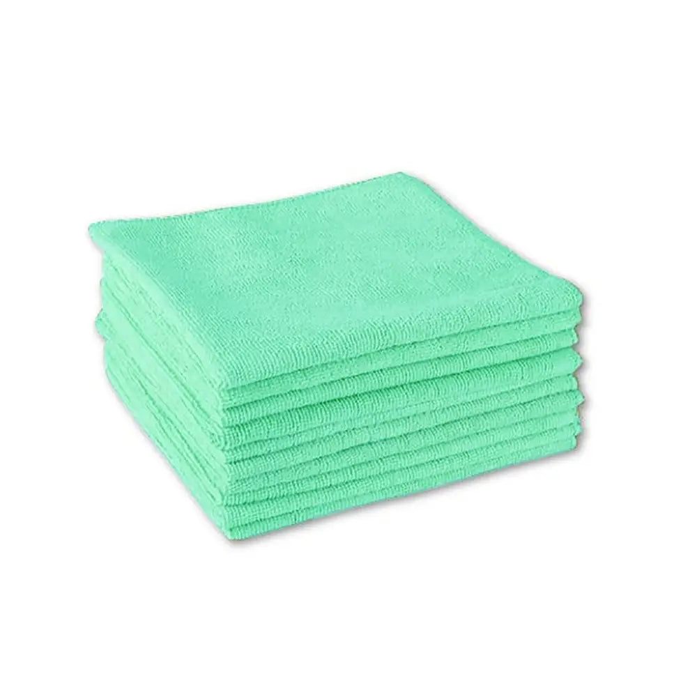 A stack of microfibre cleaning cloths in green.