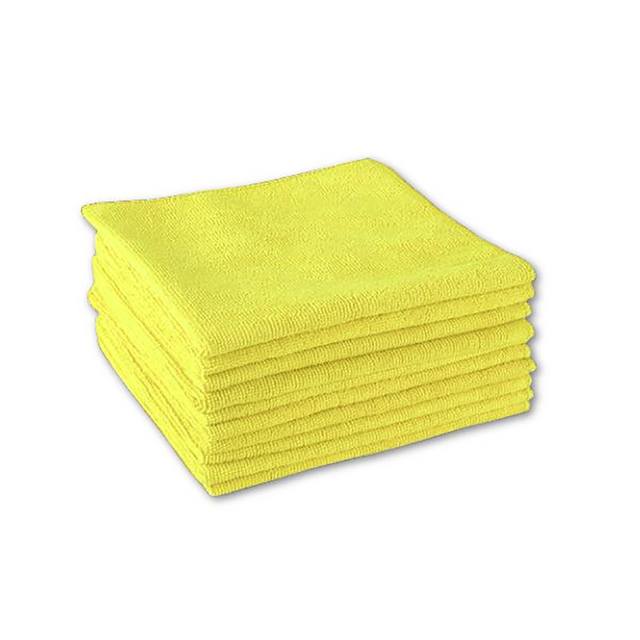 A stack of microfibre cleaning cloths in yellow.