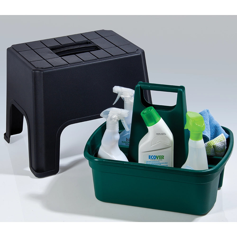 Black step stool and Green cleaning caddy
