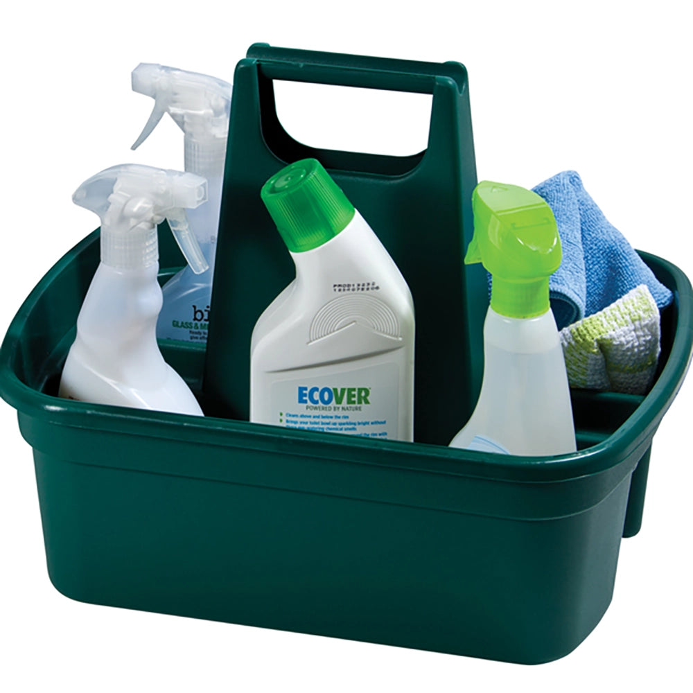 Green cleaning caddy with Ecover products and other cleaning supplies on a white background