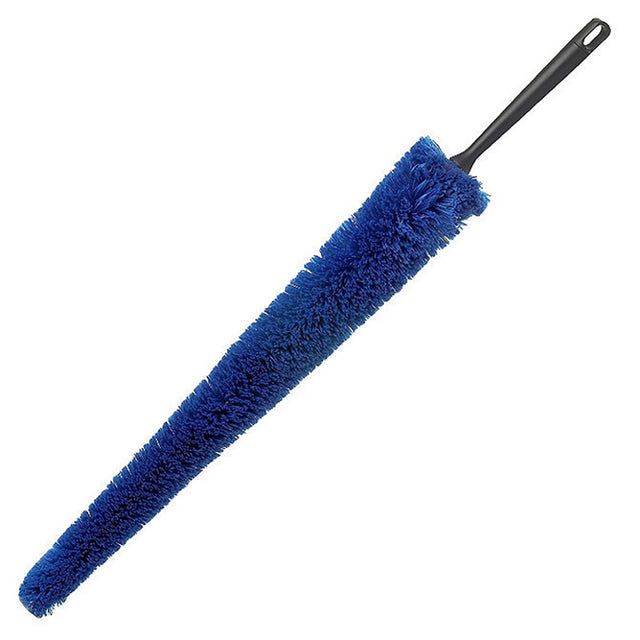 Microfibre long reach radiator brush with blue filament fibres and a black handle with hanging loop