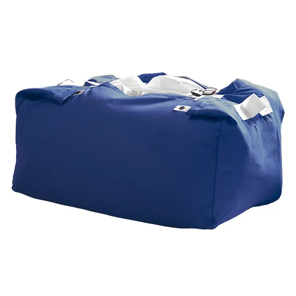 Blue durable polyester hamper-style laundry bags featuring a trio strap and buckle closure for quick and easy fastening, the hotel laundry bags have strong handles for easy carrying.