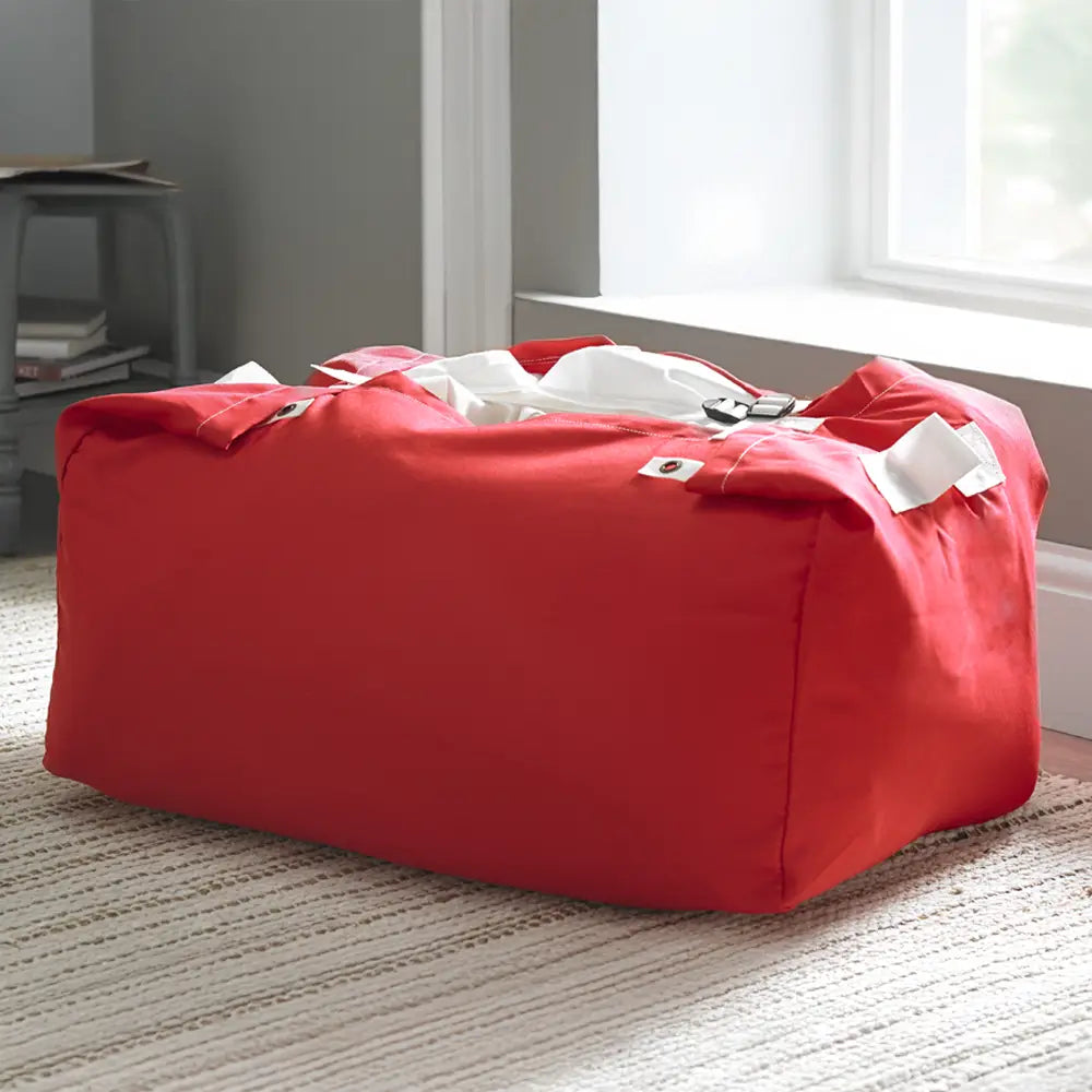 Red durable polyester hamper-style laundry bags featuring a trio strap and buckle closure for quick and easy fastening, the hotel laundry bags have strong handles for easy carrying.