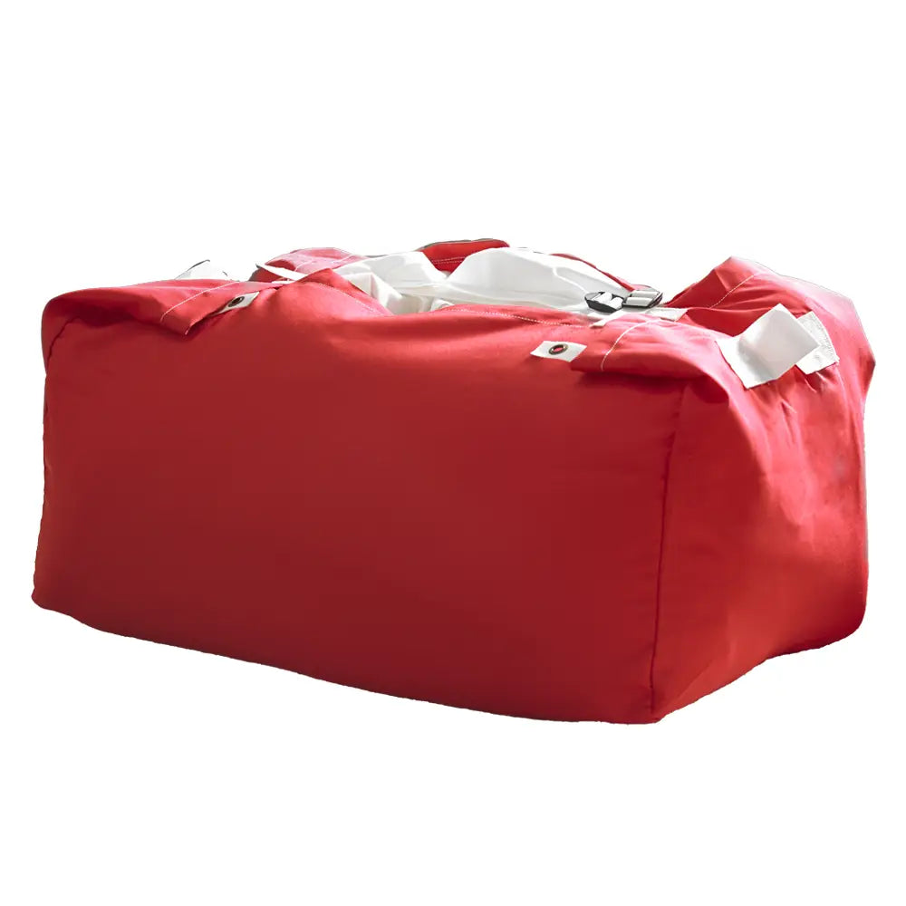 Red durable polyester hamper-style laundry bags featuring a trio strap and buckle closure for quick and easy fastening, the hotel laundry bags have strong handles for easy carrying.
