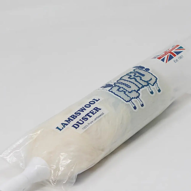 Lambswool duster with British flag design on packaging