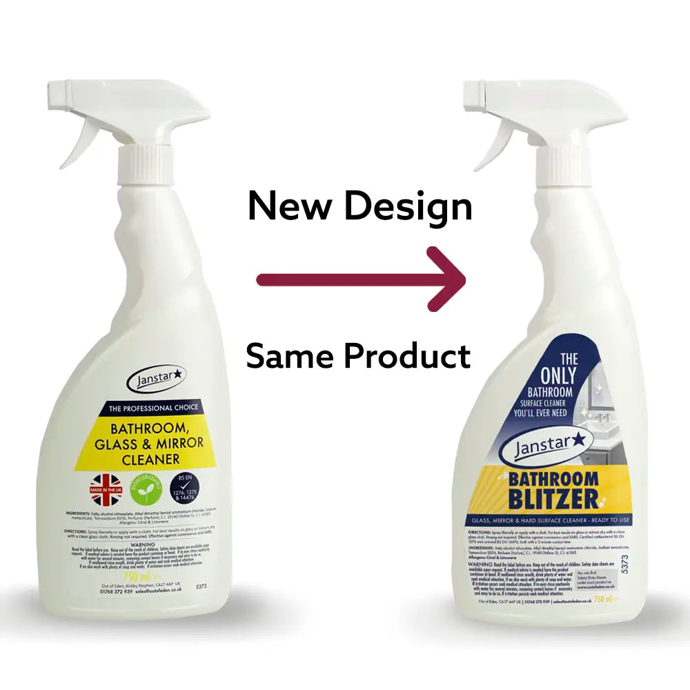 Two bottles of Janstar Bathroom Blitzer cleaner with a new design label.