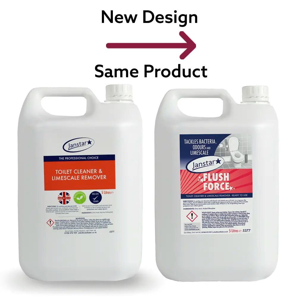 Two bottles of Janstar flush force with labels indicating new product name on a white background.