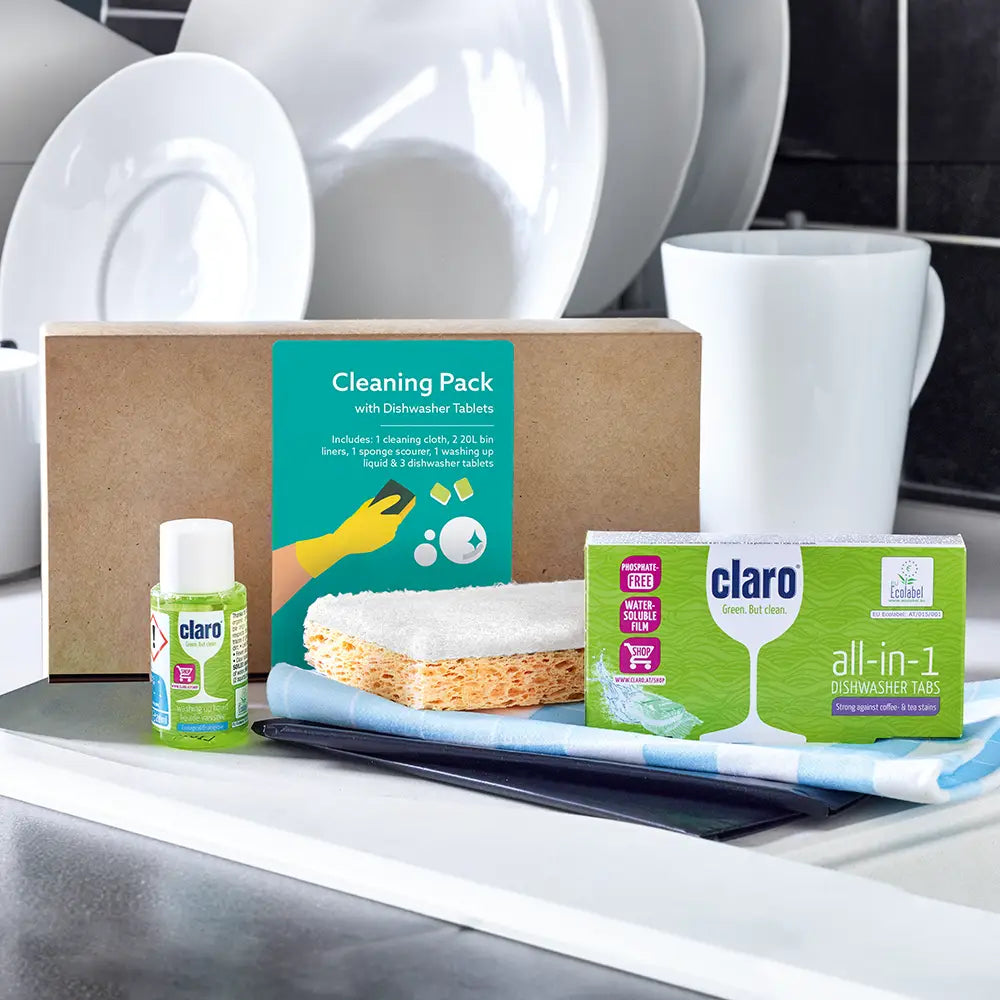 Large cleaning pack - Each pack contains a 20ml bottle of Claro washing-up liquid and three Claro dishwasher tablets, plus one blue check cleaning cloth (38 x 40cm) for washing and wiping, two 20 litre bin liners (60 x 80cm) for waste disposal and one dual purpose sponge scourer for tackling heavier grime