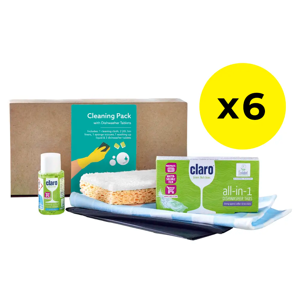 Large cleaning pack display item is available to bulk buy pack of 6 - Each pack contains a 20ml bottle of Claro washing-up liquid and three Claro dishwasher tablets, plus one blue check cleaning cloth (38 x 40cm) for washing and wiping, two 20 litre bin liners (60 x 80cm) for waste disposal and one dual purpose sponge scourer for tackling heavier grime