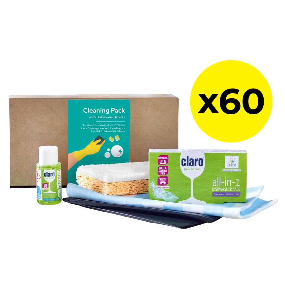 Large cleaning pack display item is available to bulk buy pack of 60 - Each pack contains a 20ml bottle of Claro washing-up liquid and three Claro dishwasher tablets, plus one blue check cleaning cloth (38 x 40cm) for washing and wiping, two 20 litre bin liners (60 x 80cm) for waste disposal and one dual purpose sponge scourer for tackling heavier grime