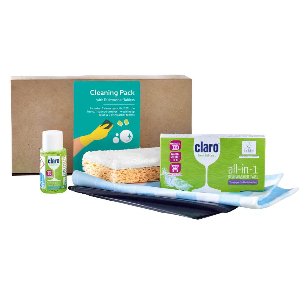 Each pack contains a 20ml bottle of Claro washing-up liquid and three Claro dishwasher tablets, plus one blue check cleaning cloth (38 x 40cm) for washing and wiping, two 20 litre bin liners (60 x 80cm) for waste disposal and one dual purpose sponge scourer for tackling heavier grime on a white ground