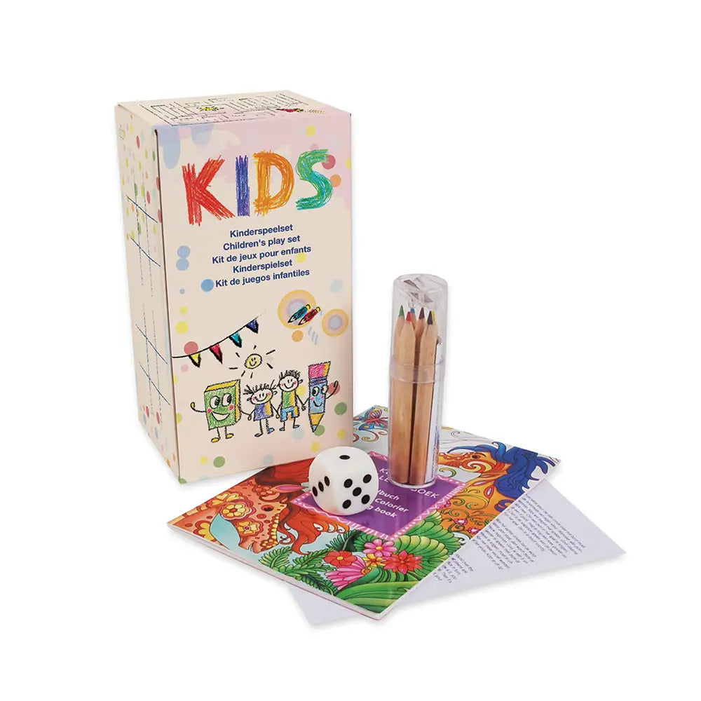 Children's play set complete with a colouring book, a pack of coloured pencils with a pencil sharpener, a dice, puzzles and ingenious packaging that turns into a board game for the whole family