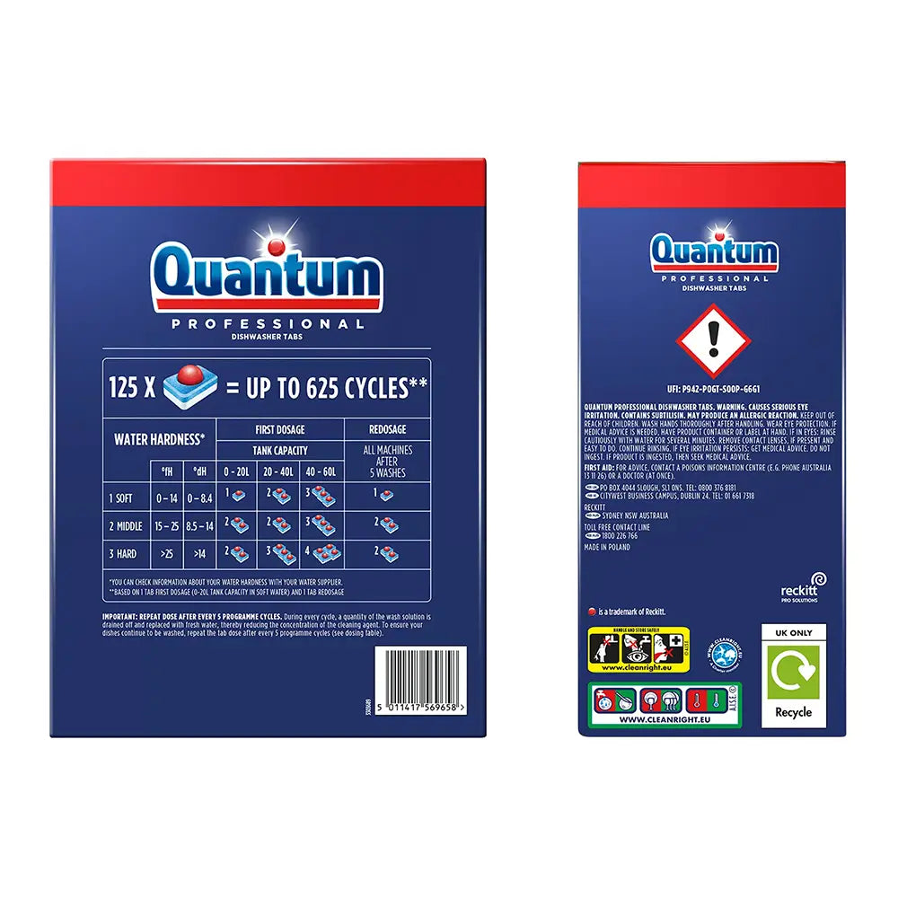 Two sides of a Quantum Professional detergent packaging on a white background