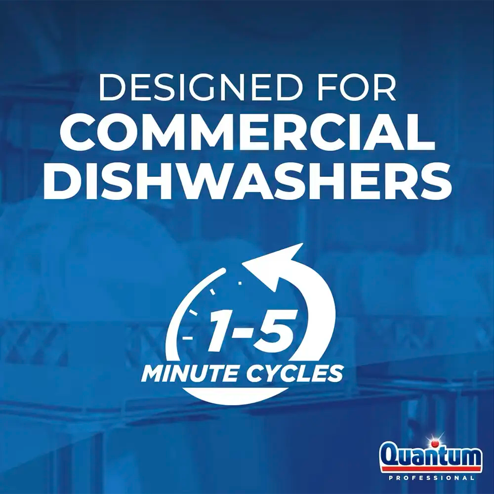 Advertisement for Quantum Professional dishwashers with text 'Designed for Commercial Dishwashers' and '1-5 Minute Cycles'.