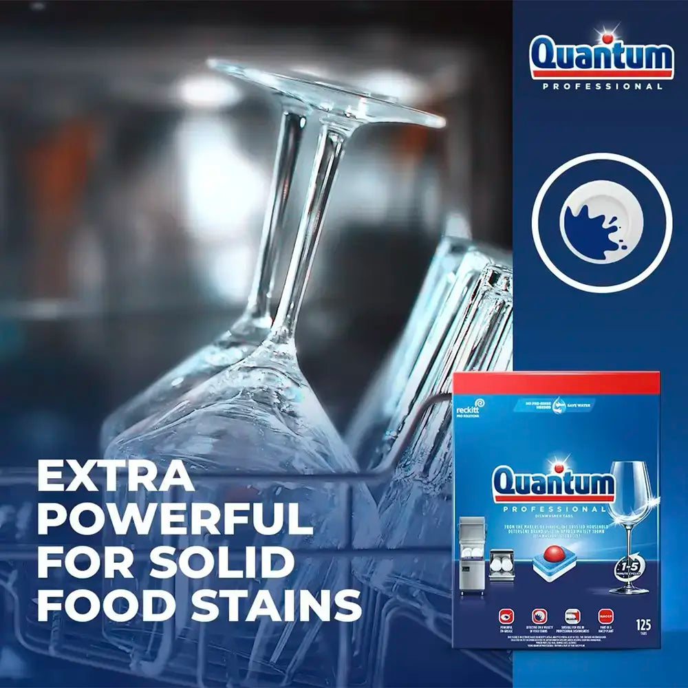 Quantum Professional cleaning product packaging with a glass cleaner and text on a blue background