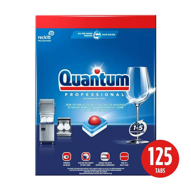Box of Quantum Professional dishwasher tabs with a red label on a white background