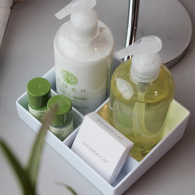 Small white Melamine Display Tray with including Eden toiletries and shower cap