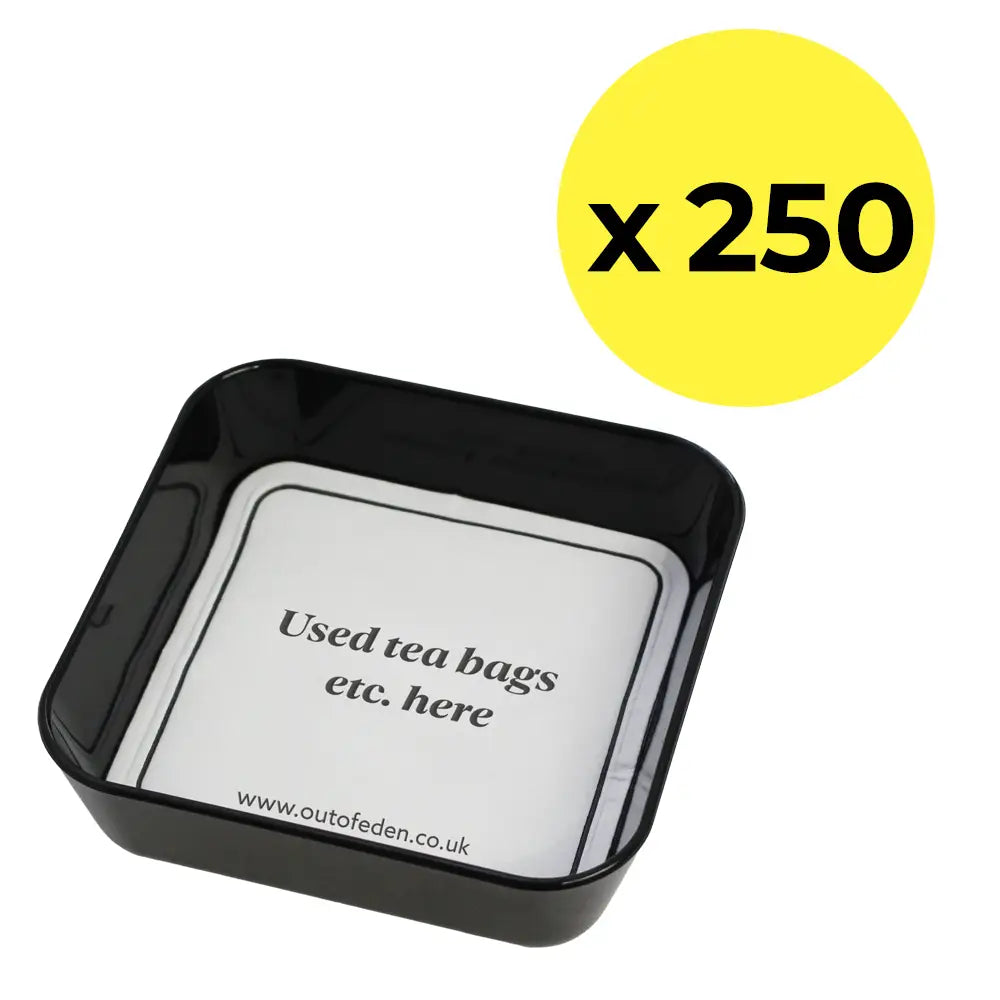 small black tray displaying coaster for used tea bags