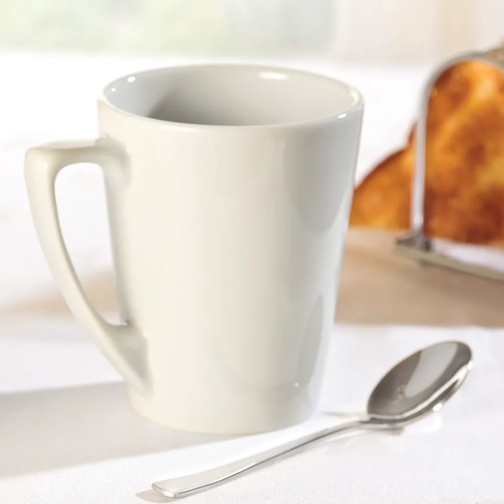 Vitrified Hotelware Mug 340ml on breakfast table with toast rack and teaspoon