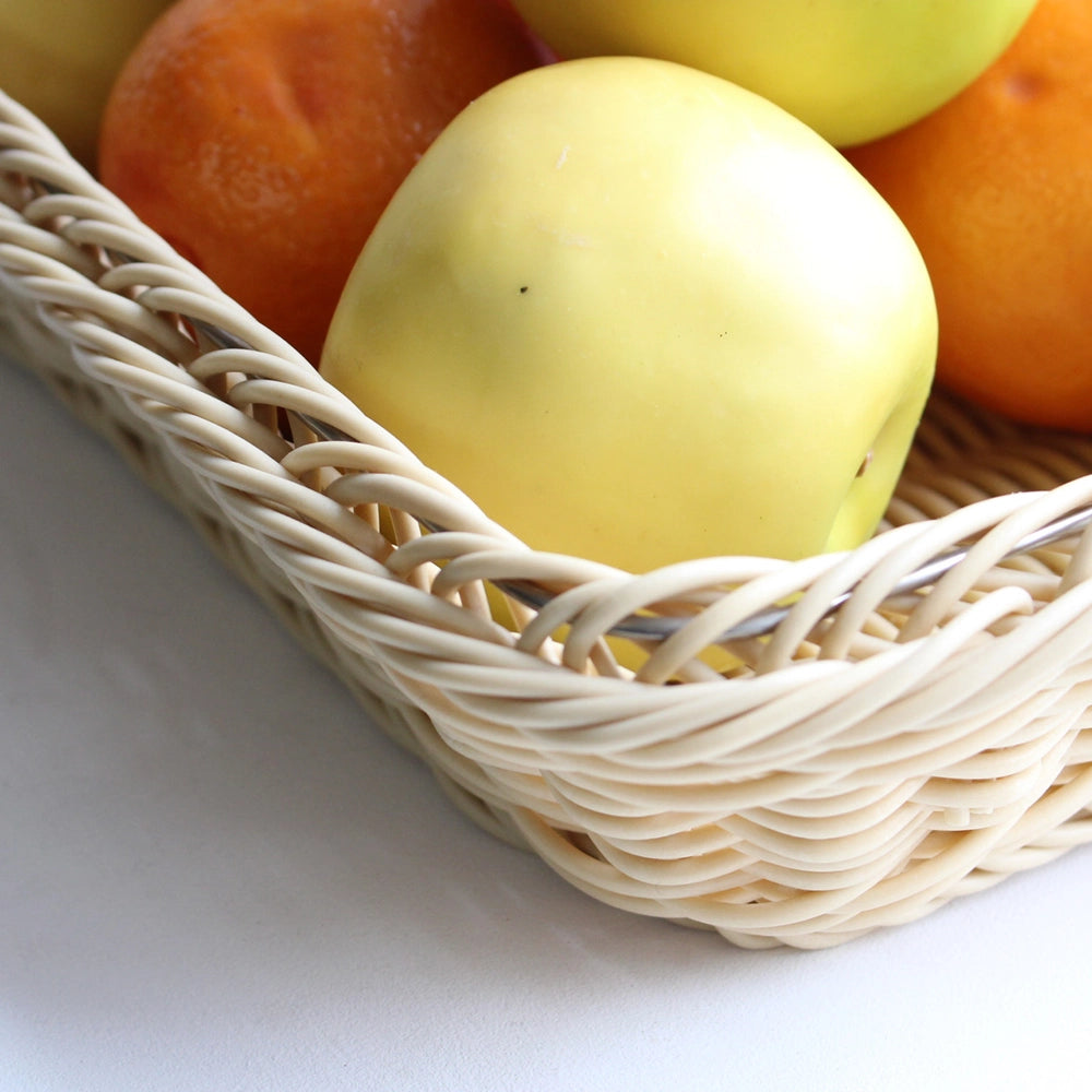 Corner view of wickerware rattan display basket