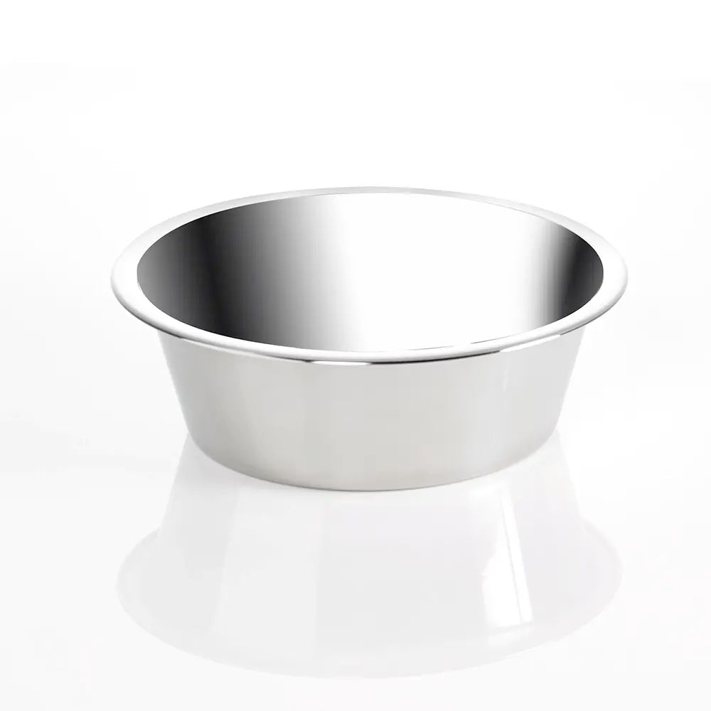 Stainless steel dog food bowl on a white background