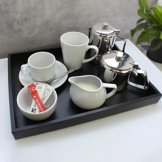 Stainless Steel Teapot - 1L on a tray with cups sugar and milk