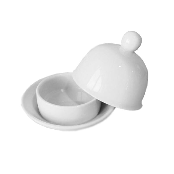 A white covered butter dish with a dome-shaped lid.