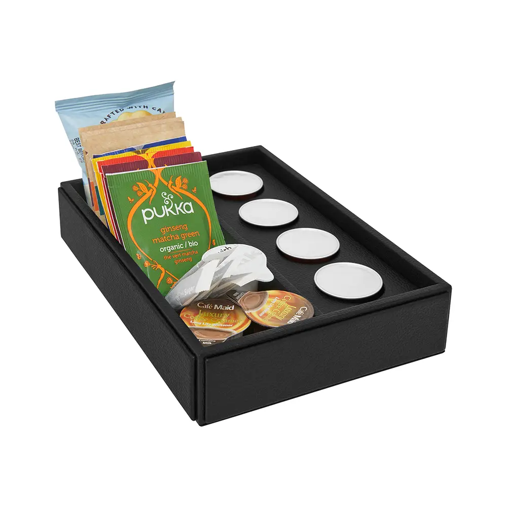 Faux Leather Coffee Holder with coffee packets and coasters on a white background