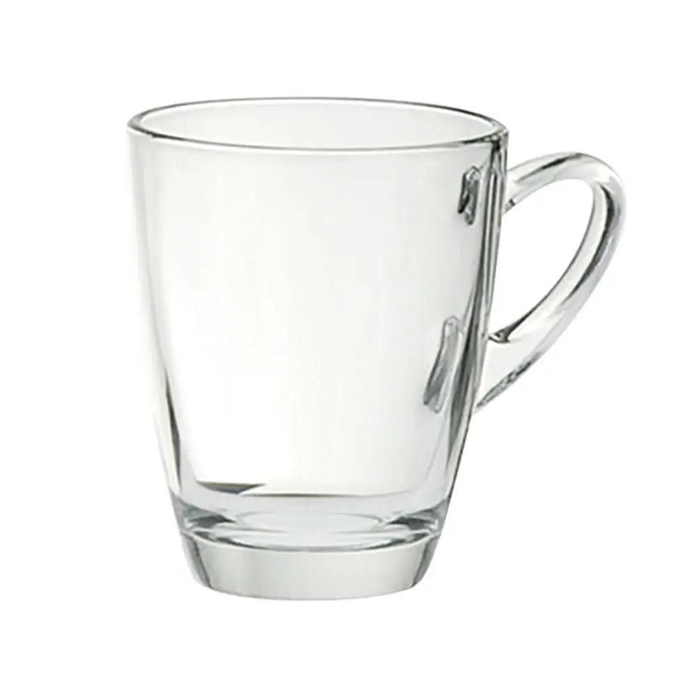 Clear glass mug with handle on a white background