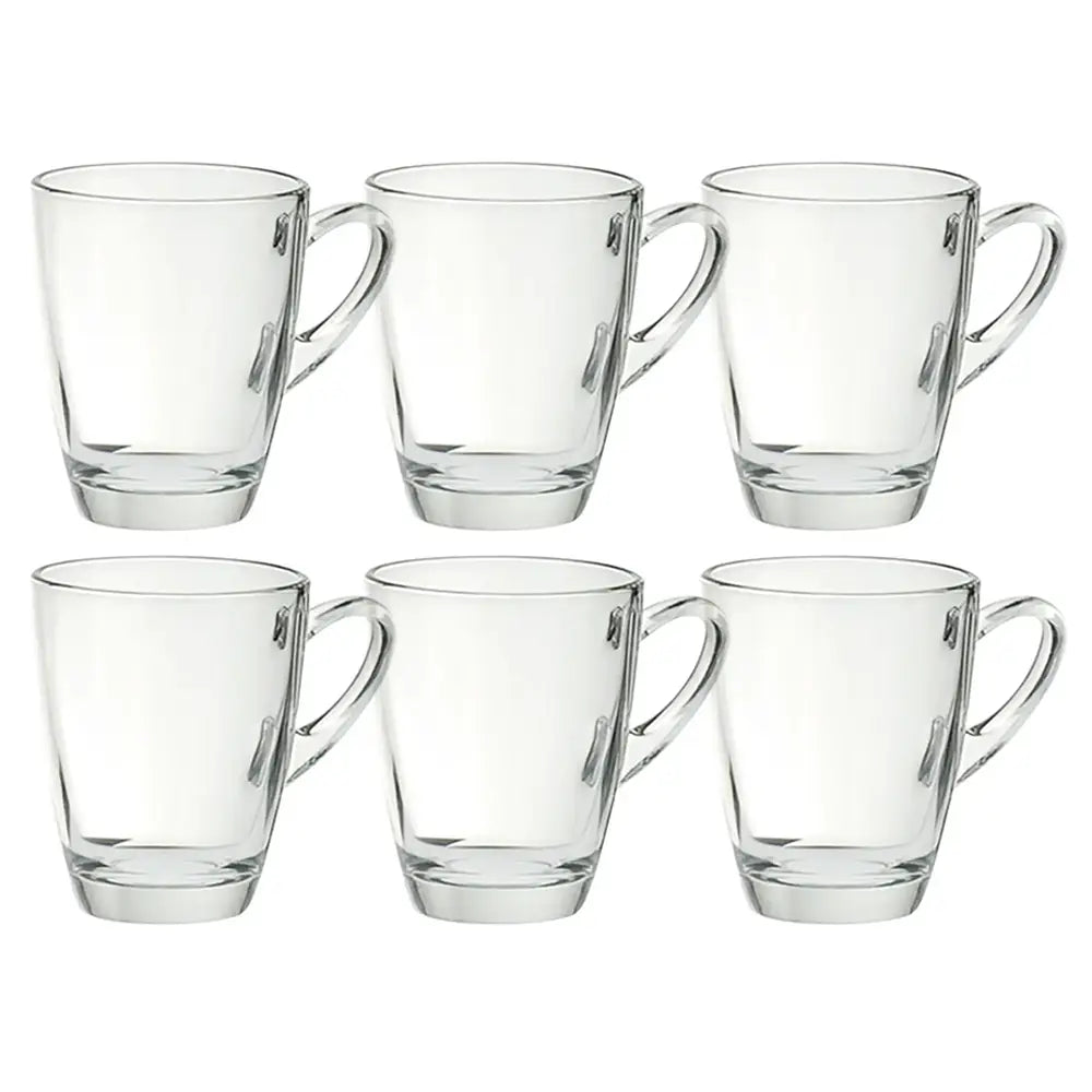 Set of six clear glass mugs on a white background