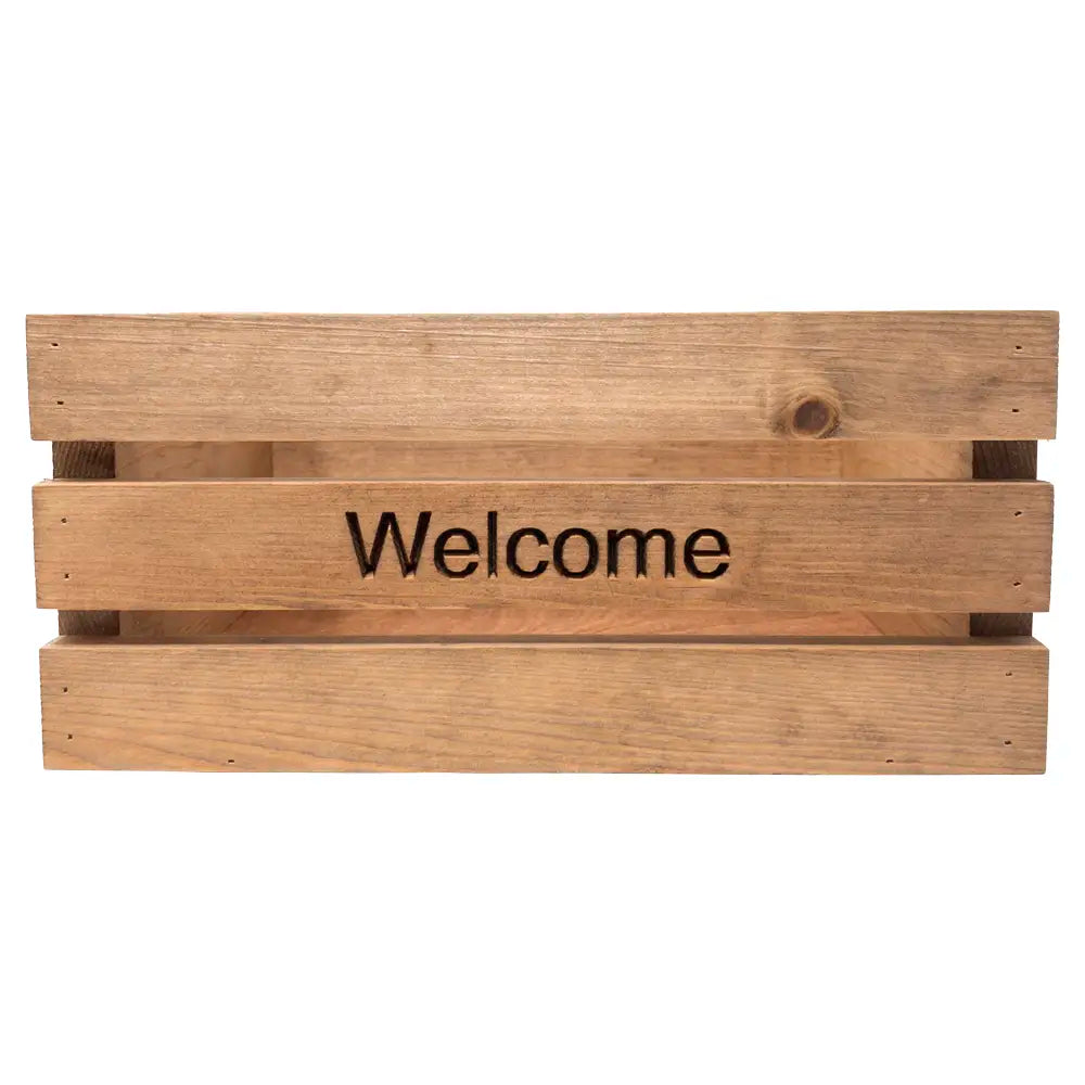 Front of welcome box with a rustic finish on a white background
