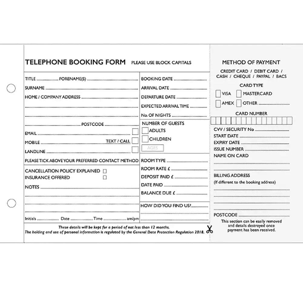 Telephone booking form with fields for personal information and payment details.