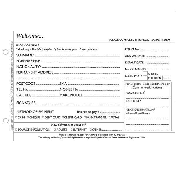 A welcome guest registration card with printed fields for personal information