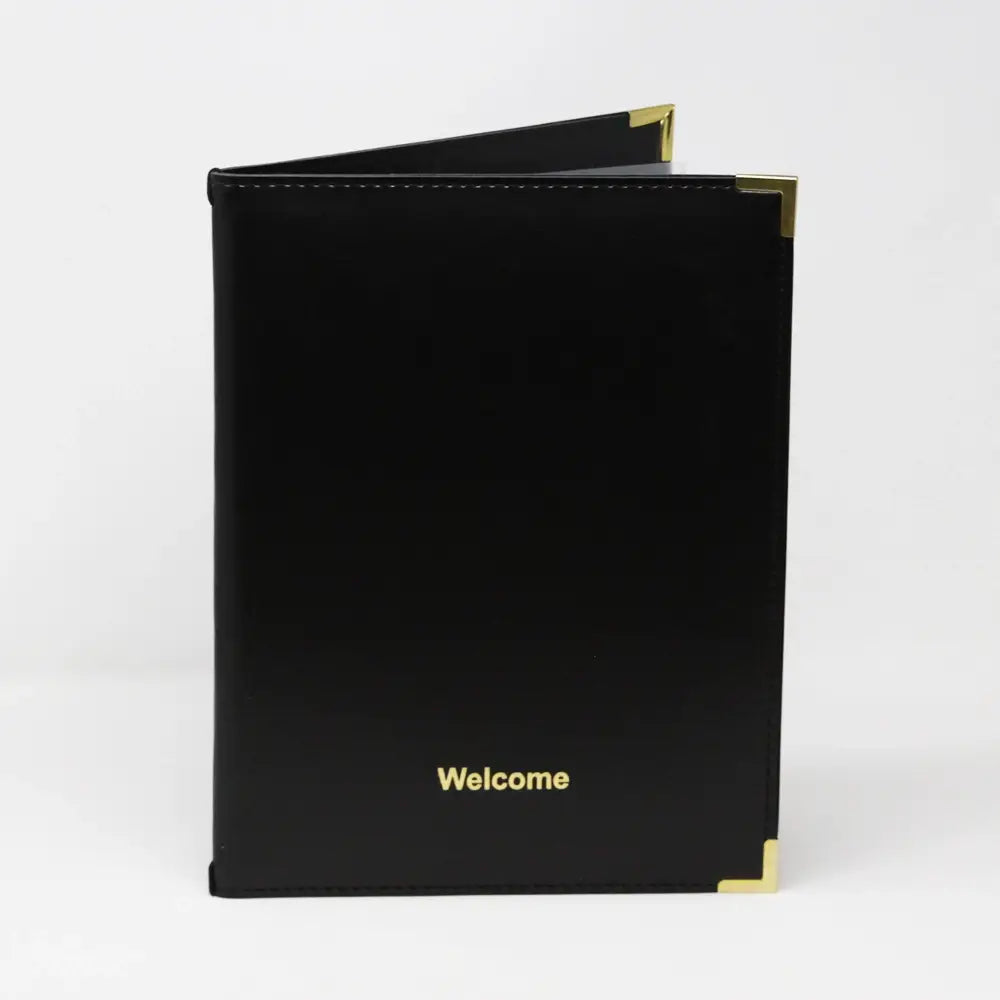 Faux black leather guest information folder with 'Welcome' in gold on a white background
