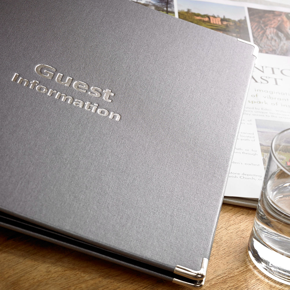 Buckram textured guest information folder in grey