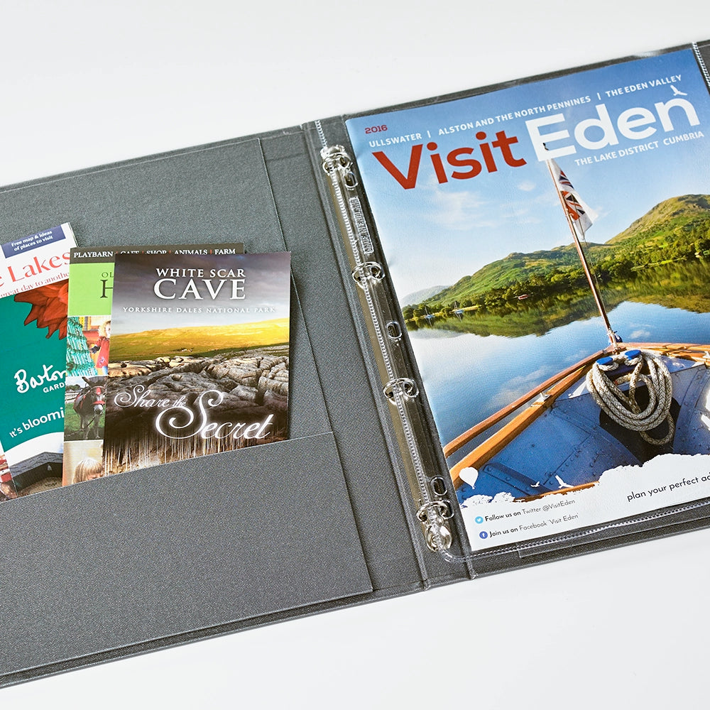Buckram textured information folder, showing inside view with information leaflets displayed
