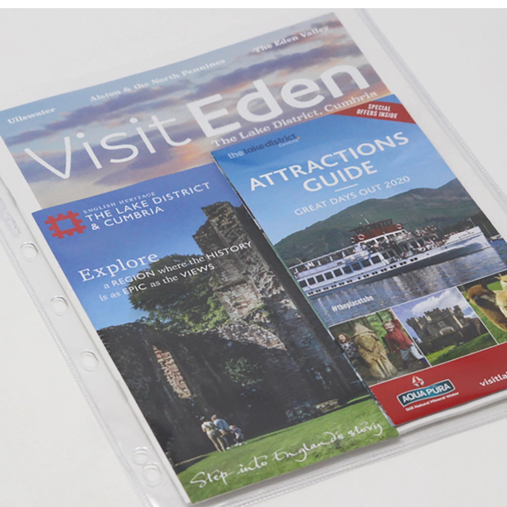 A display pocket A4 sized guest information folder inside an expandable binder with a cover showing the contents, predominantly in blue and white colors.