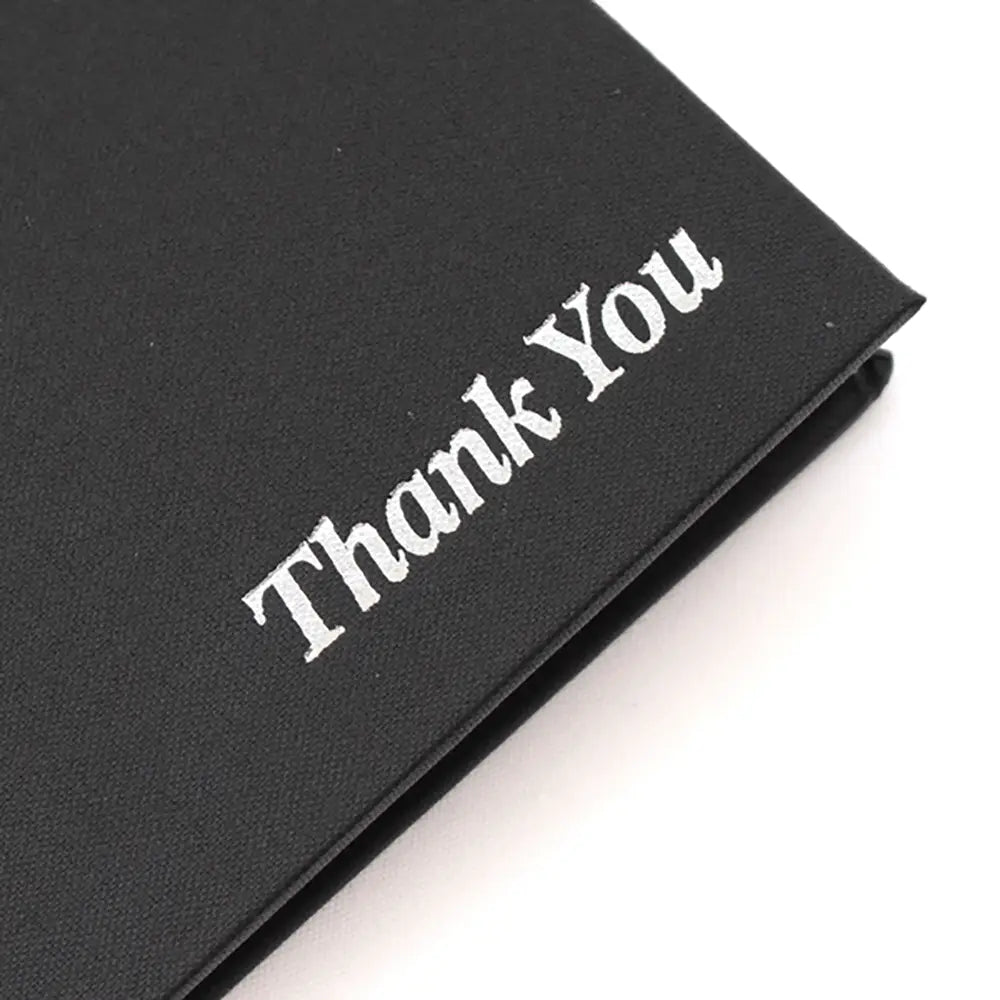 Buckram Bill Presenter showing 'thank you ' in sliver text