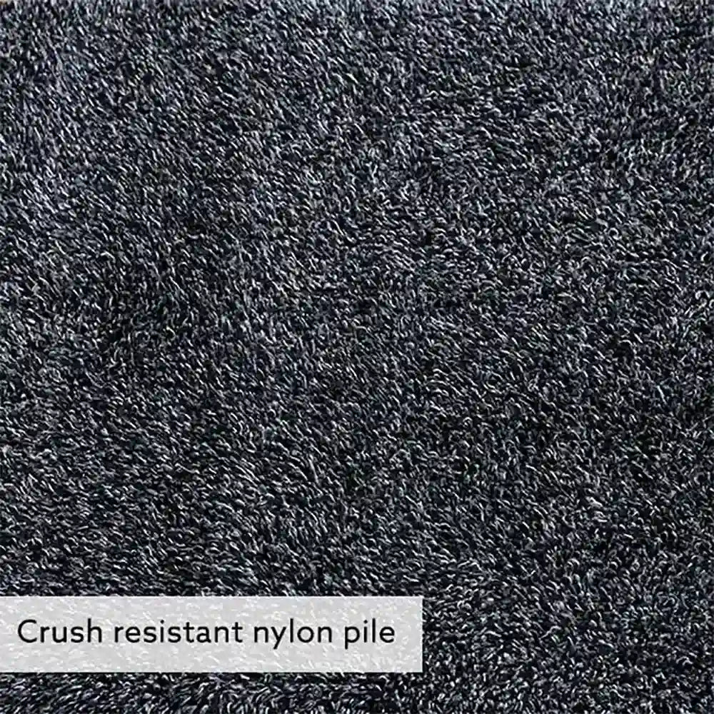 Close-up of crush resistant nylon pile texture with a label