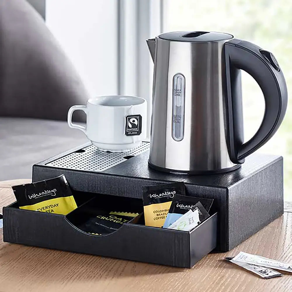 sleek black painted kettle tray with natural wood texture - the kettle base neatly stows the kettle cable - Draw open