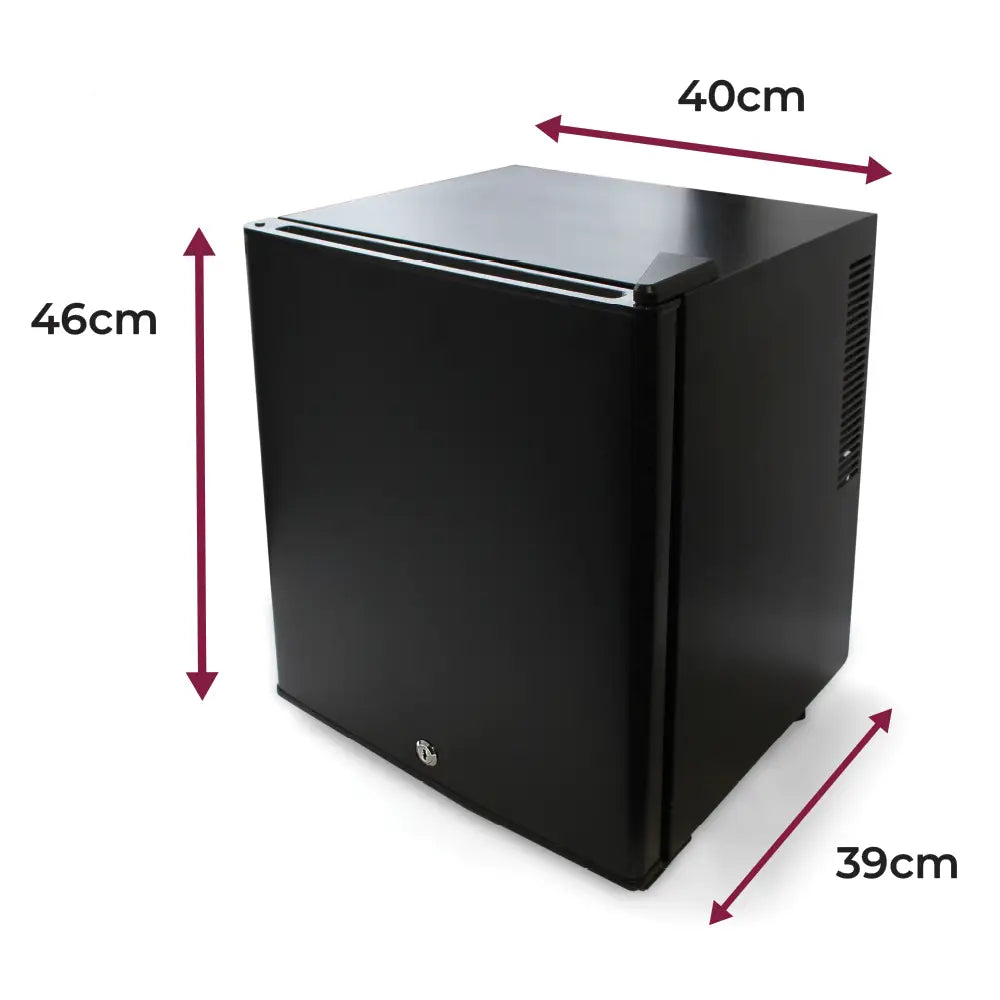 Black hotel minibar fridge with dimensions labelled – 40cm wide, 46cm high, 39cm deep