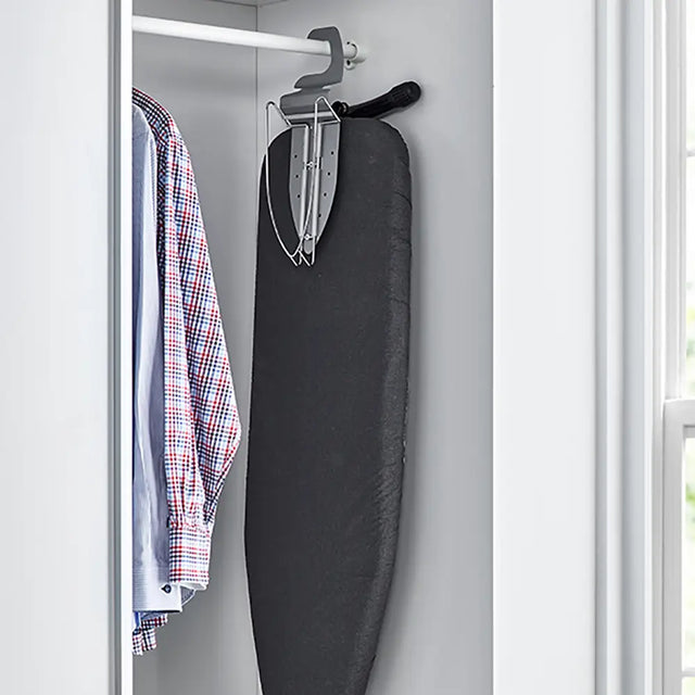Anti-Theft Ironing Board Rest & Hanger in lifestyle hung up in wardrobe
